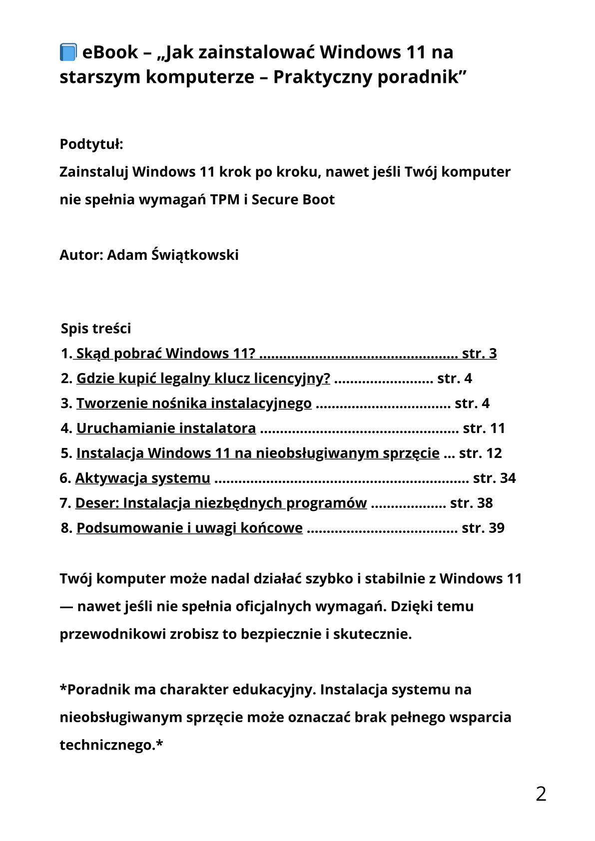 Spis treści ebooka Windows 11 na starszym komputerze – podgląd